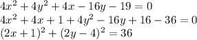 4x^2+4y^2+4x-16y-19=0 \\&#10;4x^2+4x+1+4y^2-16y+16-36=0\\&#10;(2x+1)^2+(2y-4)^2=36