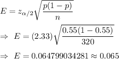 E=z_{\alpha/2}\sqrt{\dfrac{p(1-p)}{n}}\\\\\Rightarrow\ E=(2.33)\sqrt{\dfrac{0.55(1-0.55)}{320}}\\\\\Rightarrow\ E=0.064799034281\approx0.065