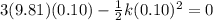 3(9.81)(0.10) - \frac{1}{2}k(0.10)^2 = 0