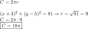 C=2\pi r\\\\&#10; (x+3)^2 + (y-5)^2=81 \Rightarrow r=\sqrt{81}=9\\&#10;C=2\pi \cdot9\\&#10;\boxed{C=18\pi}