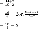 =\frac{14+2}{10-2}\\\\=\frac{16}{8}=2 {\text{or}}, \frac{8-(-2)}{7-2}\\\\=\frac{10}{5}=2