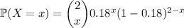 \mathbb P(X=x)=\dbinom2x0.18^x(1-0.18)^{2-x}