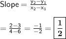 \sf{Slope =  \frac{y_2-y_1}{x_2-x_1} }\\\\=\frac{2-3}{4-6} =\frac{-1}{-2}=\boxed{\bf{\frac{1}{2}}}