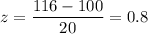 z=\dfrac{116-100}{20}=0.8