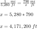 \frac{1}{5,280}\frac{mi}{ft} =\frac{790}{x}\frac{mi}{ft}\\\\x=5,280*790\\\\x=4,171,200\ ft