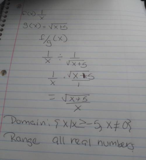 Determine the domain of (f/g) (x) when f(x)=1/x and g(x)= sqrt x+5
