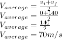 V_{average}=\frac{v_i+v_f}{2}\\V_{average}=\frac{0+140}{2}\\V_{average}=\frac{140}{2}\\V_{average}=70m/s