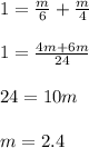 1=\frac{m}{6} +\frac{m}{4}\\\\ 1=\frac{4m+6m}{24}\\\\ 24 = 10m\\\\ m = 2.4