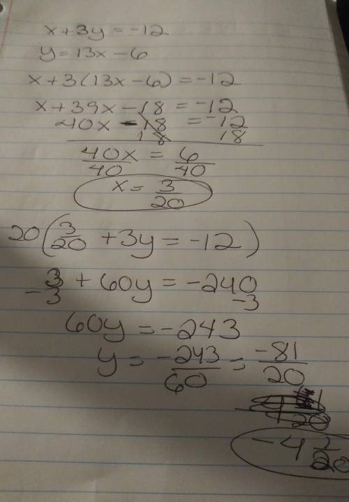 Which ordered pair is the solution to the system of equations?  {x+3y=−12 y=13x−6