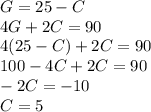 G = 25 - C\\4G + 2C = 90\\4(25 - C) + 2C = 90\\100 - 4C + 2C = 90\\-2C = -10\\C = 5\\