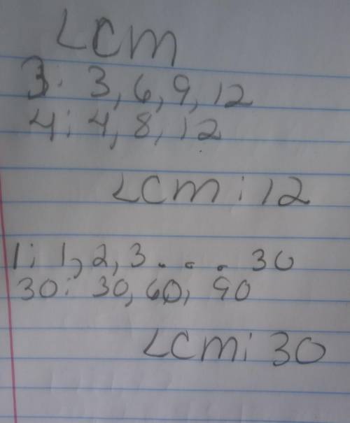 What are the multiples of 3 and 4 between 1 and 30