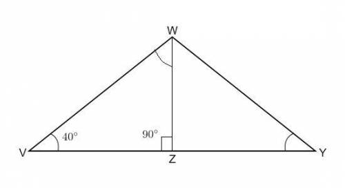 Given:  wz perpendicular to wy, wz bisects vy, and m angle v = 40.  what is m angle vwz?  answers: