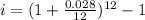 i=(1+\frac{0.028}{12})^{12}-1