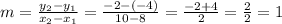 m = \frac{y_{2} - y_{1}}{x_{2} - x_{1}} = \frac{-2 - (-4)}{10 - 8} = \frac{-2 + 4}{2} = \frac{2}{2} = 1