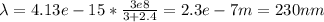 \lambda = 4.13e-15 * \frac{3e8}{3 + 2.4} = 2.3e-7 m = 230 nm