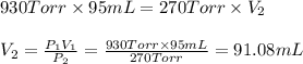 930 Torr\times 95 mL=270 Torr \times V_2\\\\V_2=\frac{P_1V_1}{P_2}=\frac{930 Torr\times 95 mL}{270 Torr}=91.08 mL