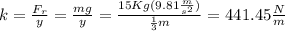 k = \frac{F_{r}}{y} = \frac{mg}{y} = \frac{15 Kg (9.81 \frac{m}{s^{2} } )}{\frac{1}{3} m}  = 441.45 \frac{N}{m}