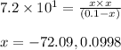 7.2\times 10^1=\frac{x\times x}{(0.1-x)}\\\\x=-72.09,0.0998