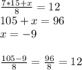 \frac{7*15+x}{8}=12\\105 + x = 96\\x = -9\\\\\frac{105-9}{8}=\frac{96}{8}=12