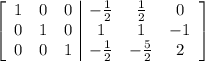 \left[\begin{array}{ccc|ccc}1&0&0&-\frac12&\frac12&0\\0&1&0&1&1&-1\\0&0&1&-\frac12&-\frac52&2\end{array}\right]