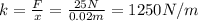 k=\frac{F}{x}=\frac{25 N}{0.02 m}=1250 N/m