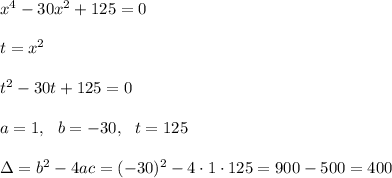 x^4-30x^2+125=0 \\ \\t=x^2\\\\t^2-30t+125=0\\\\a=1, \ \ b=-30, \ \ t=125 \\ \\\Delta =b^2-4ac = (-30)^2 -4\cdot1\cdot 125 = 900-500=400