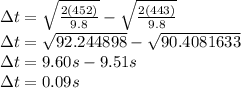 \Delta t=\sqrt{\frac{2(452)}{9.8} }-\sqrt{\frac{2(443)}{9.8} }\\\Delta t=\sqrt{92.244898}-\sqrt{90.4081633}  \\\Delta t=9.60 s-9.51s\\\Delta t=0.09 s