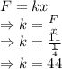 F=kx\\\Rightarrow k=\frac{F}{x}\\\Rightarrow k=\frac{11}{\frac{1}{4}}\\\Rightarrow k=44