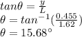 tan\theta=\frac{y}{L} \\\theta=tan^{-1}(\frac{0.455}{1.62})  \\\theta=15.68^{\circ}