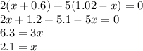2(x+0.6)+5(1.02-x)=0\\2x+1.2+5.1-5x=0\\6.3=3x\\2.1=x