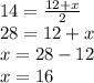 14=\frac{12+x}{2}\\ 28=12+x\\x=28-12\\x=16