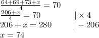 \frac{64+69+73+x}{4}=70 \\&#10;\frac{206+x}{4}=70 \ \ \ \ \ \ \ \ \ \ \ \ |\times 4 \\&#10;206+x=280 \ \ \ \ \ \ \ \ |-206 \\&#10;x=74
