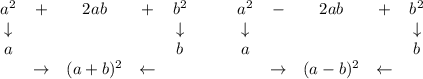 \bf \begin{array}{cccccllllll}&#10;{{ a}}^2& + &2{{ a}}{{ b}}&+&{{ b}}^2\\&#10;\downarrow && &&\downarrow \\&#10;{{ a}}&& &&{{ b}}\\&#10;&\to &({{ a}} + {{ b}})^2&\leftarrow &#10;\end{array}\qquad &#10;%   perfect square trinomial, negative middle term&#10;\begin{array}{cccccllllll}&#10;{{ a}}^2& - &2{{ a}}{{ b}}&+&{{ b}}^2\\&#10;\downarrow && &&\downarrow \\&#10;{{ a}}&& &&{{ b}}\\&#10;&\to &({{ a}} - {{ b}})^2&\leftarrow &#10;\end{array}