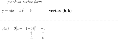 \bf \qquad \textit{parabola vertex form}\\\\&#10;\begin{array}{llll}&#10;y=a(x-{{ h}})^2+{{ k}}&#10;\end{array} \qquad\qquad  vertex\ ({{ h}},{{ k}})\\\\&#10;-------------------------------\\\\&#10;\begin{array}{lcclll}&#10;g(x)=3[x-&(-5)]^2&-3\\&#10;&\uparrow &\uparrow \\&#10;&h&k&#10;\end{array}