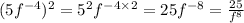 (5f^{-4})^2 = 5^2 f^{-4\times 2} = 25f^{-8} = \frac{25}{f^8}