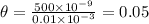 \theta = \frac{500\times 10^{-9}}{ 0.01\times 10^{-3}} = 0.05