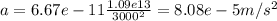 a = 6.67e-11 \frac{1.09e13}{3000^2} = 8.08e-5 m/s^2