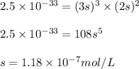 2.5\times 10^{-33}=(3s)^3\times (2s)^2\\\\2.5\times 10^{-33}=108s^5\\\\s=1.18\times 10^{-7}mol/L