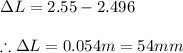 \Delta L=2.55-2.496\\\\\therefore \Delta L=0.054m=54mm