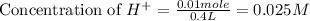 \text{Concentration of }H^+=\frac{0.01mole}{0.4L}=0.025M