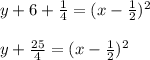 y+6+\frac{1}{4} = (x- \frac{1}{2})^2 \\  \\ y+\frac{25}{4} = (x- \frac{1}{2})^2