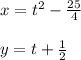 x = t^2 - \frac{25}{4}\\ \\ y = t + \frac{1}{2}