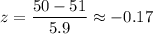 z=\dfrac{50-51}{5.9}\approx-0.17