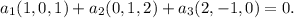 a_1(1,0,1) + a_2(0,1,2) + a_3(2, -1,0) = 0.\\