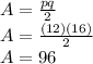 A=\frac{pq}{2}\\A=\frac{(12)(16)}{2}\\A=96