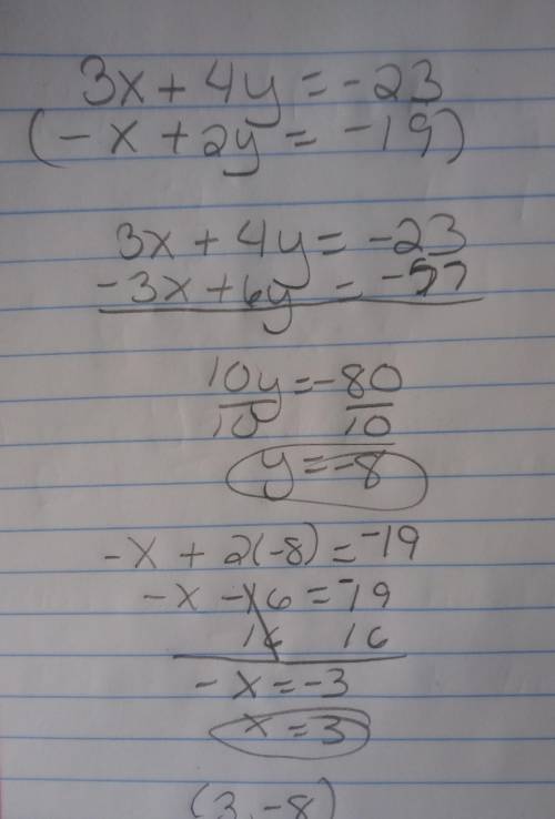 3x +4y = - 232y - x = - 19what is the solution (x, y) to the system of the equations