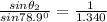 \frac {sin\theta_2}{sin{78.9}^0}=\frac {1}{1.340}