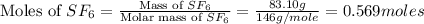 \text{Moles of }SF_6=\frac{\text{Mass of }SF_6}{\text{Molar mass of }SF_6}=\frac{83.10g}{146g/mole}=0.569moles