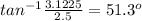 tan^{-1} \frac{3.1225}{2.5} =51.3^{o}