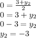 0 = \frac{3+y_{2} }{2} \\0 = 3+y_{2}\\0 - 3 = y_{2}\\ y_{2} = -3